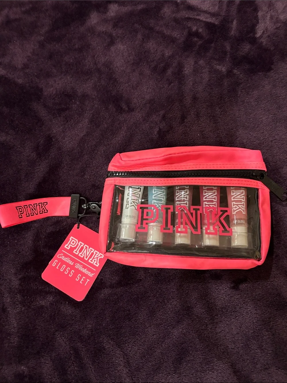 Retired PINK Victoria's Secret Hot Pink Lip Gloss Set with Clear Travel Pouch